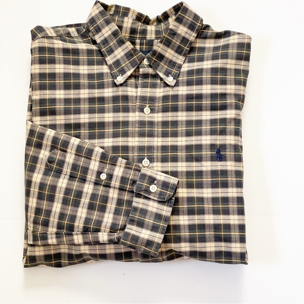 SALE Ralph Lauren Blue Label Men's Tan Navy Plaid Cotton Button Casual Shirt XL